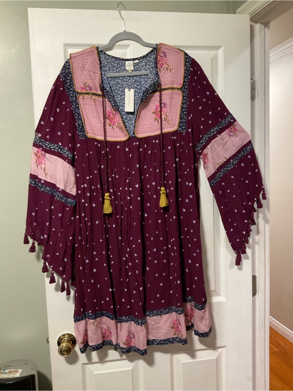 Boho Tassel Tunic Dress in Deep Plum with Pink Accents